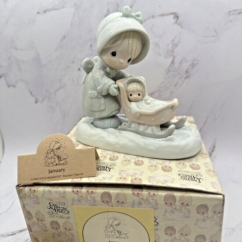 Precious‎ Moments January Calendar Girl Winter Doll In Sleigh Sled 1987 NEW